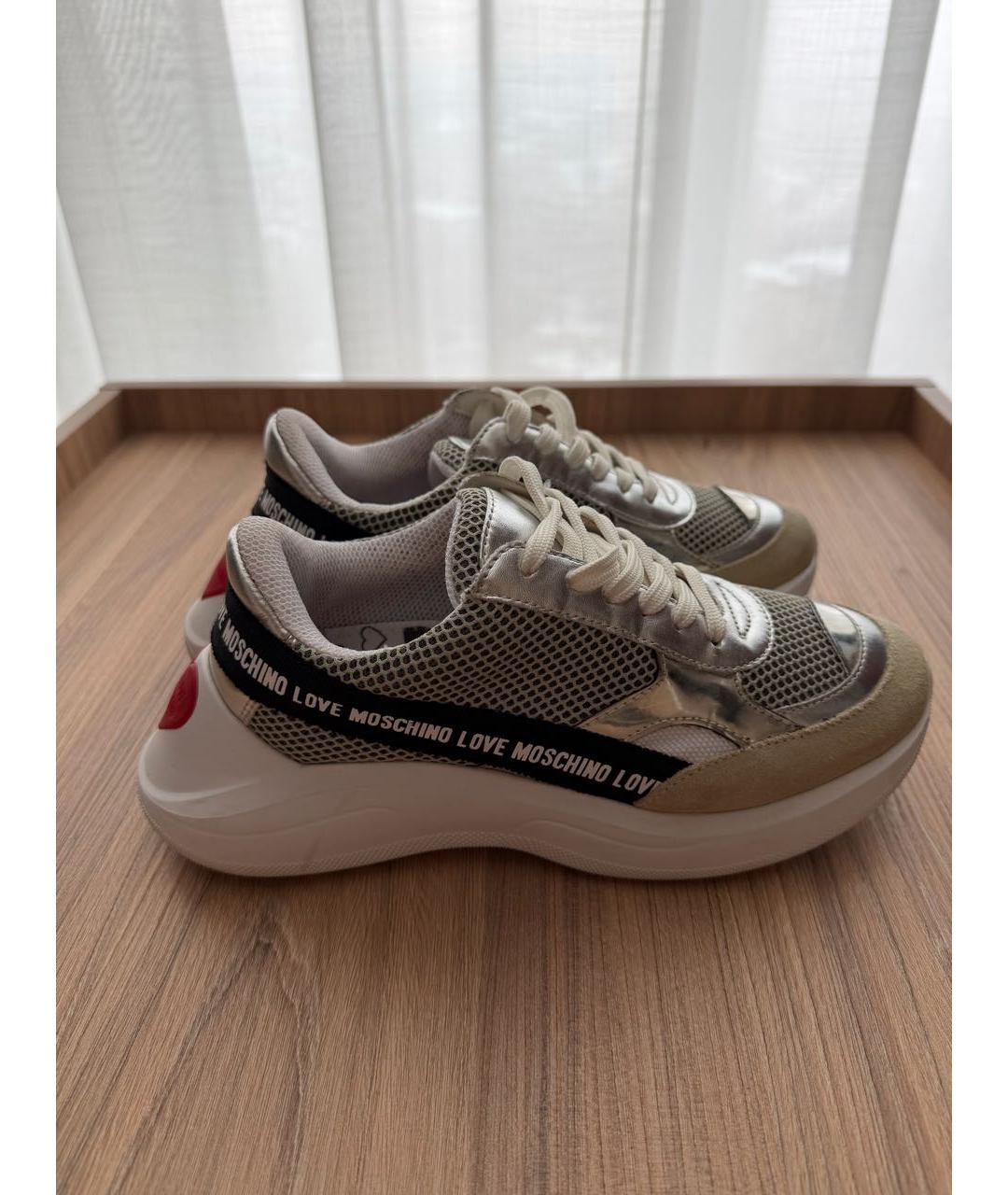 LOVE MOSCHINO Серебряные кожаные кроссовки, фото 7