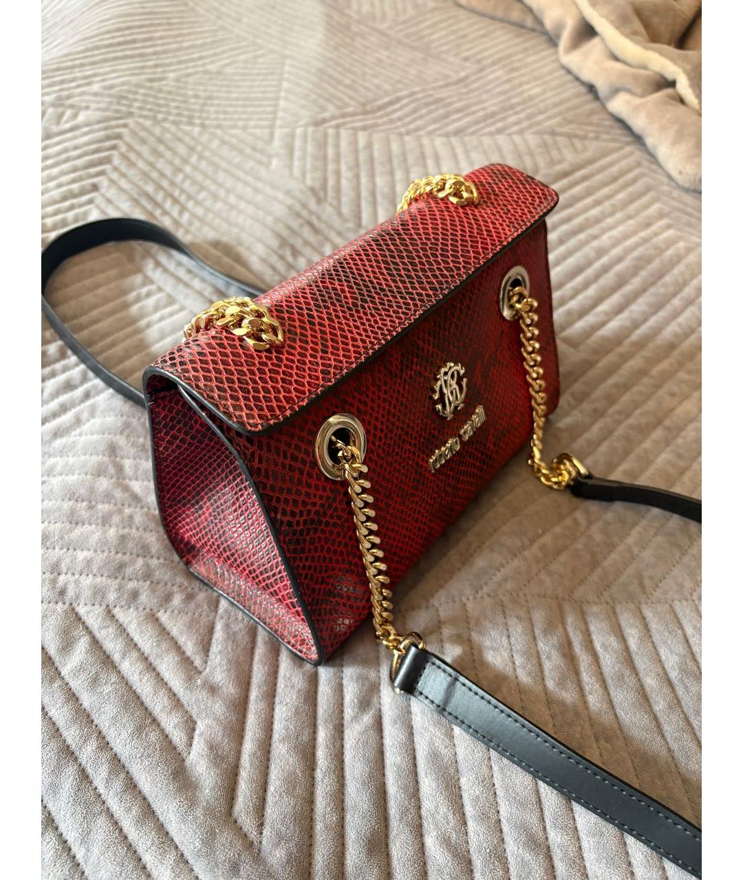 ROBERTO CAVALLI Бордовая кожаная сумка через плечо, фото 7