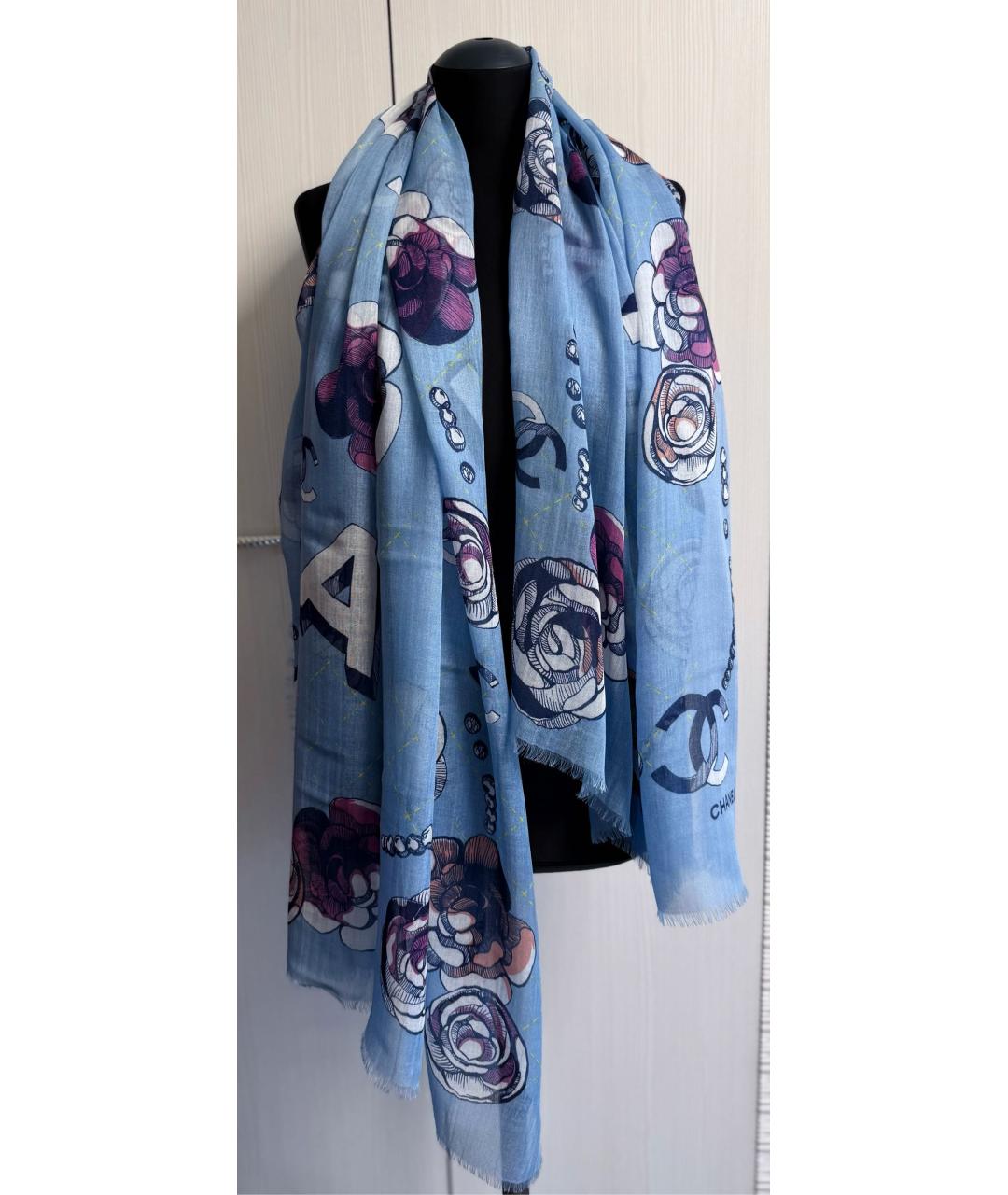 CHANEL Голубой кашемировый шарф, фото 3