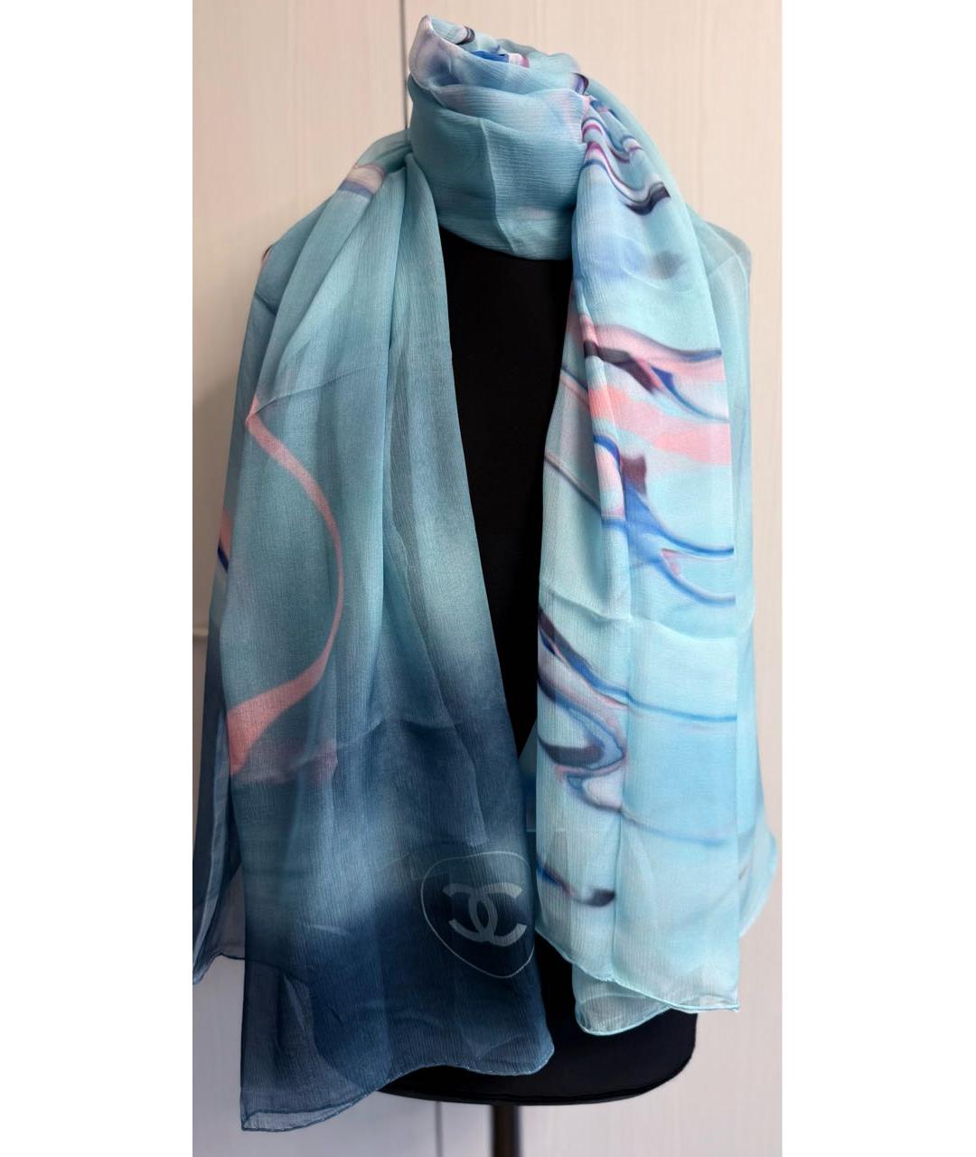 CHANEL Голубой шелковый шарф, фото 2