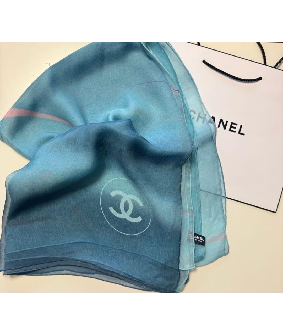 CHANEL Голубой шелковый шарф, фото 9