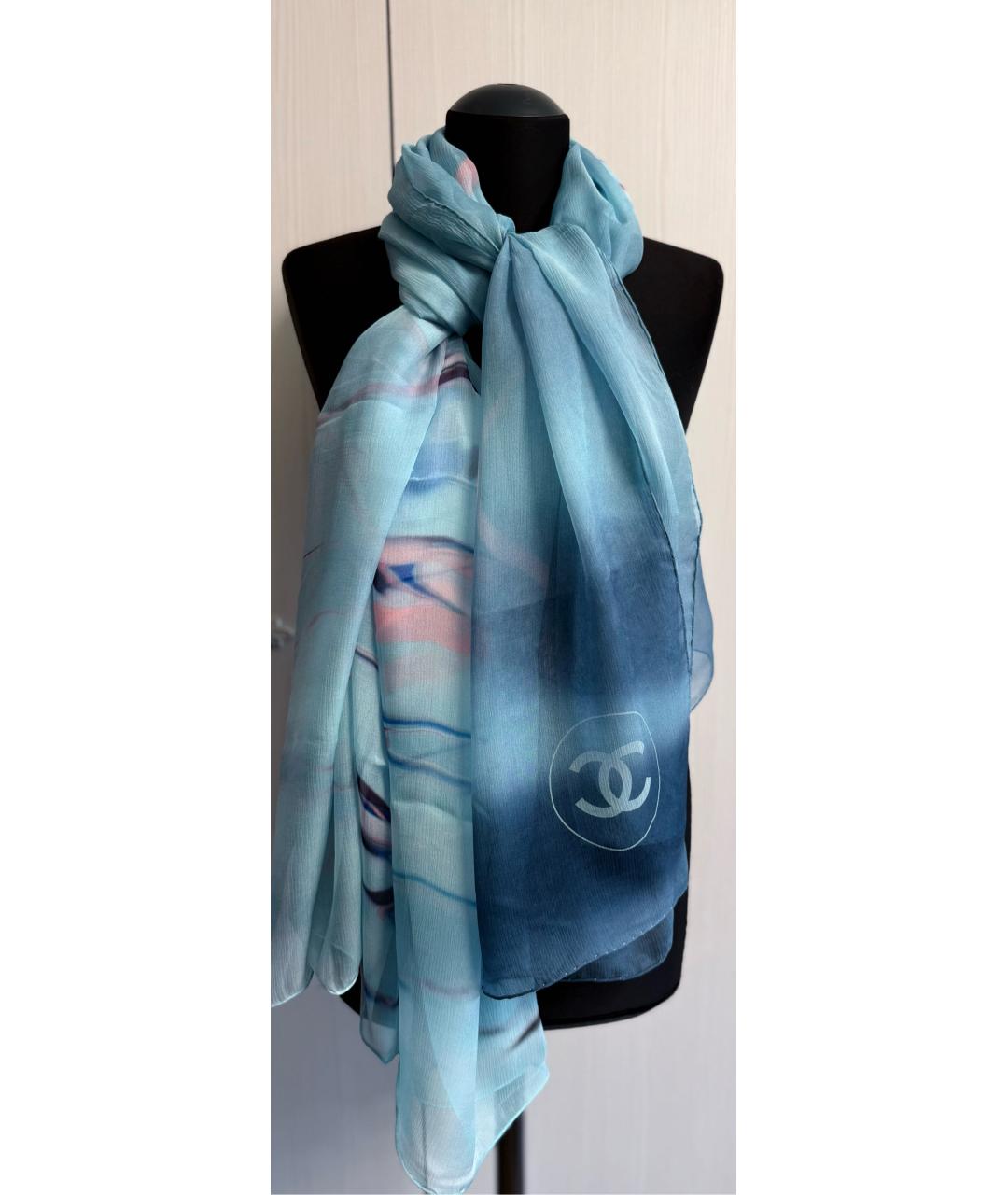 CHANEL Голубой шелковый шарф, фото 3