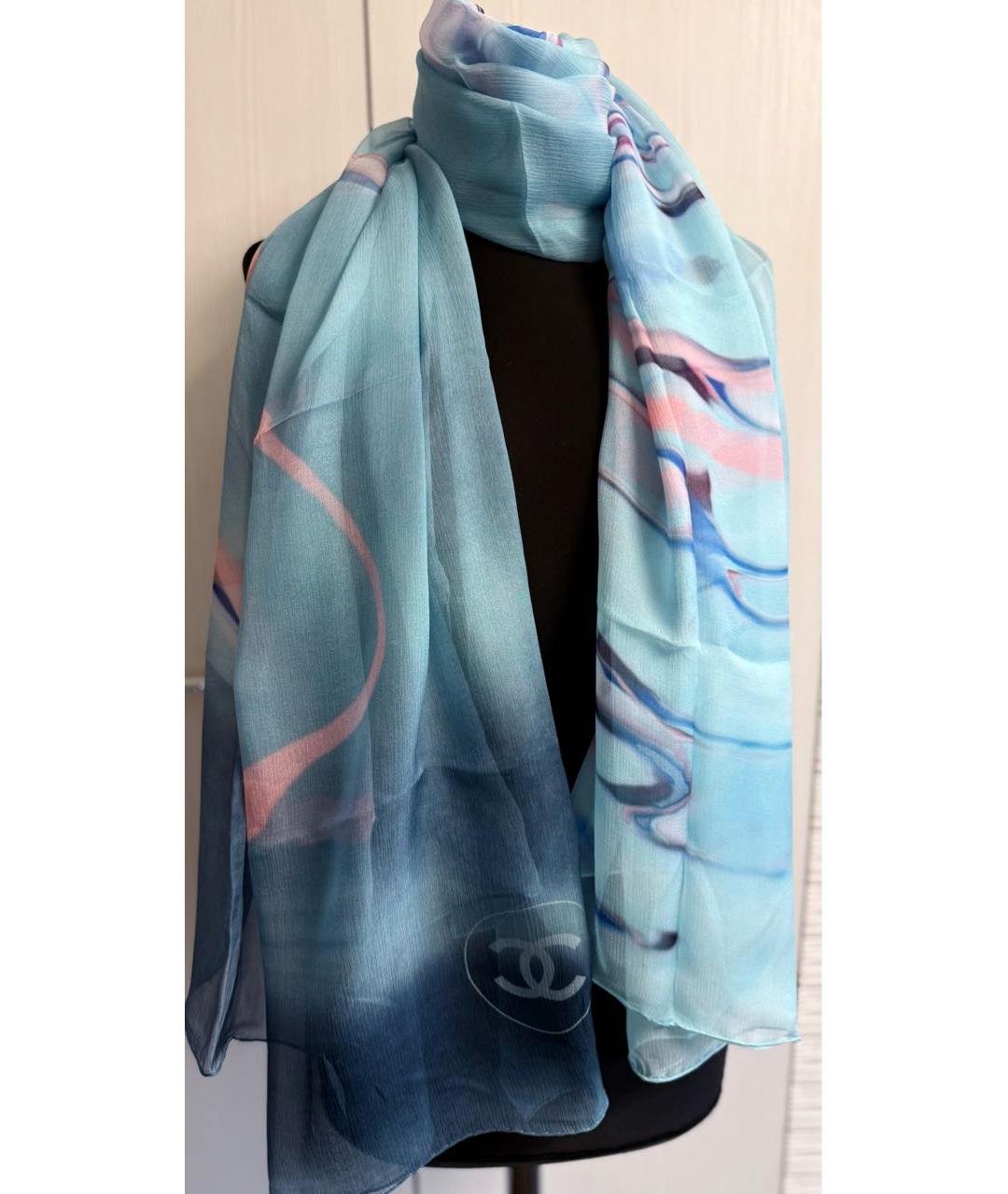 CHANEL Голубой шелковый шарф, фото 6