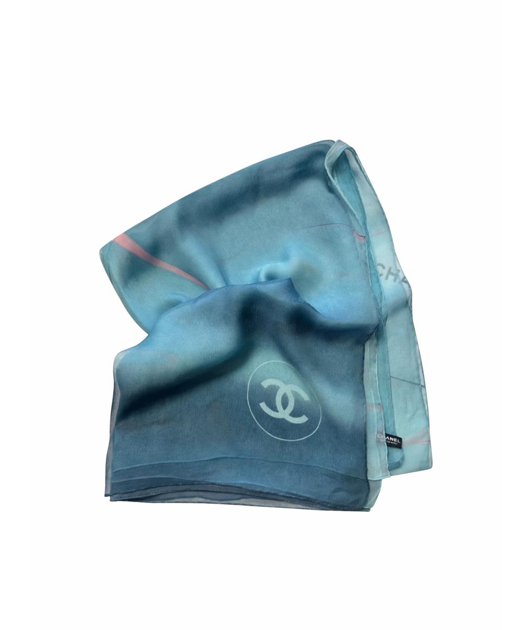 CHANEL Голубой шелковый шарф, фото 1