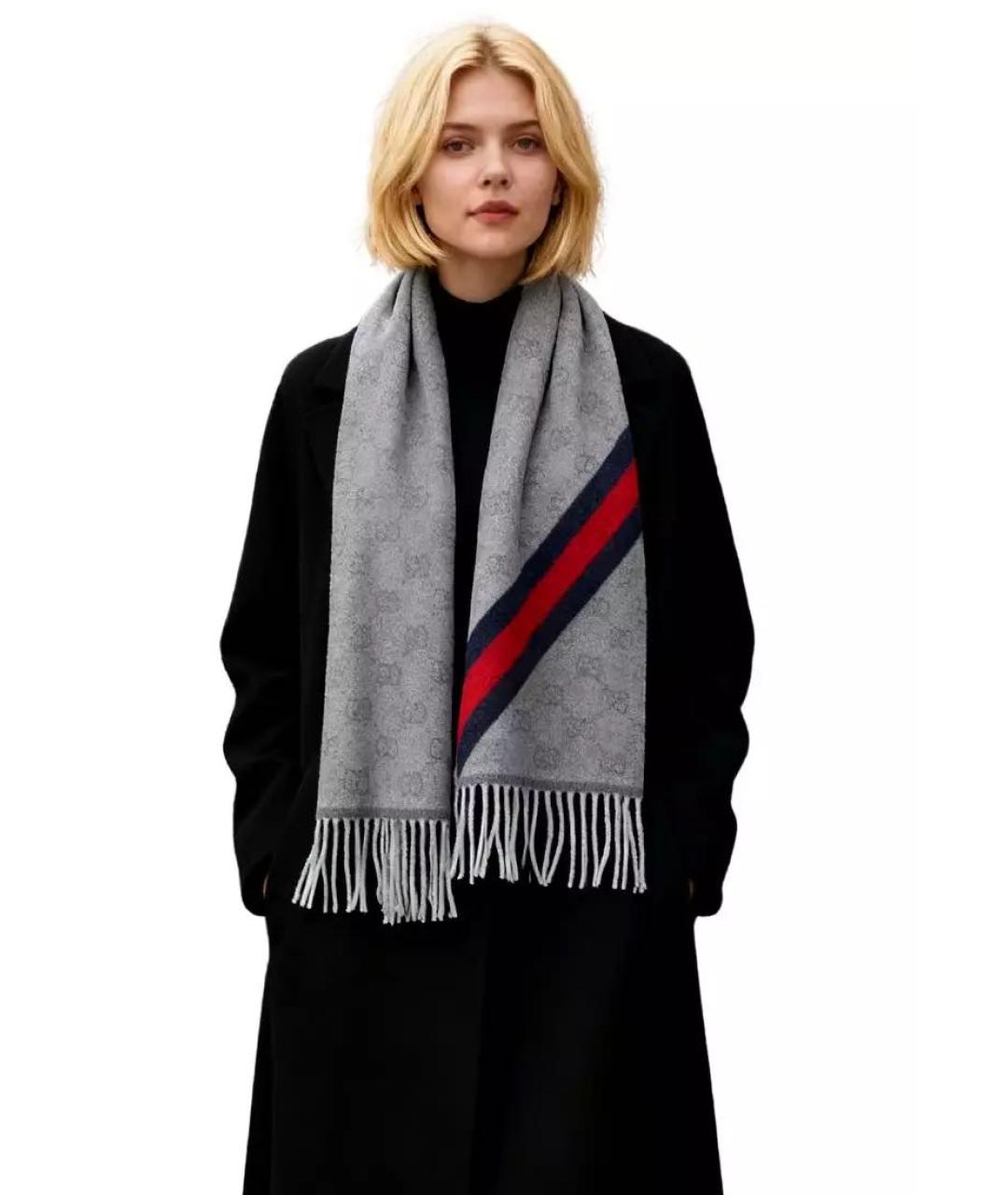GUCCI Серый шерстяной шарф, фото 2