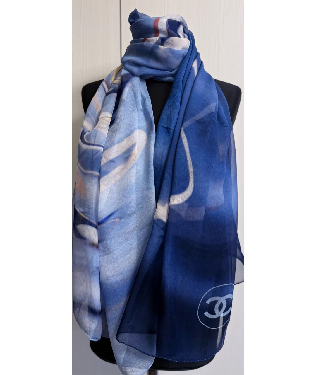 CHANEL Синий шелковый шарф, фото 2