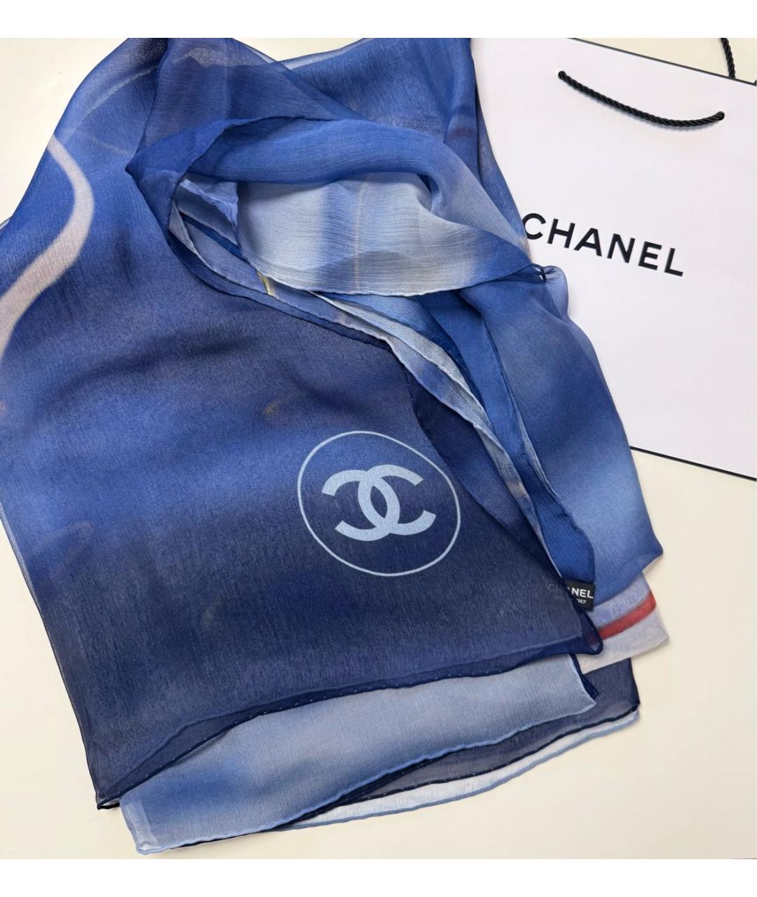CHANEL Синий шелковый шарф, фото 9