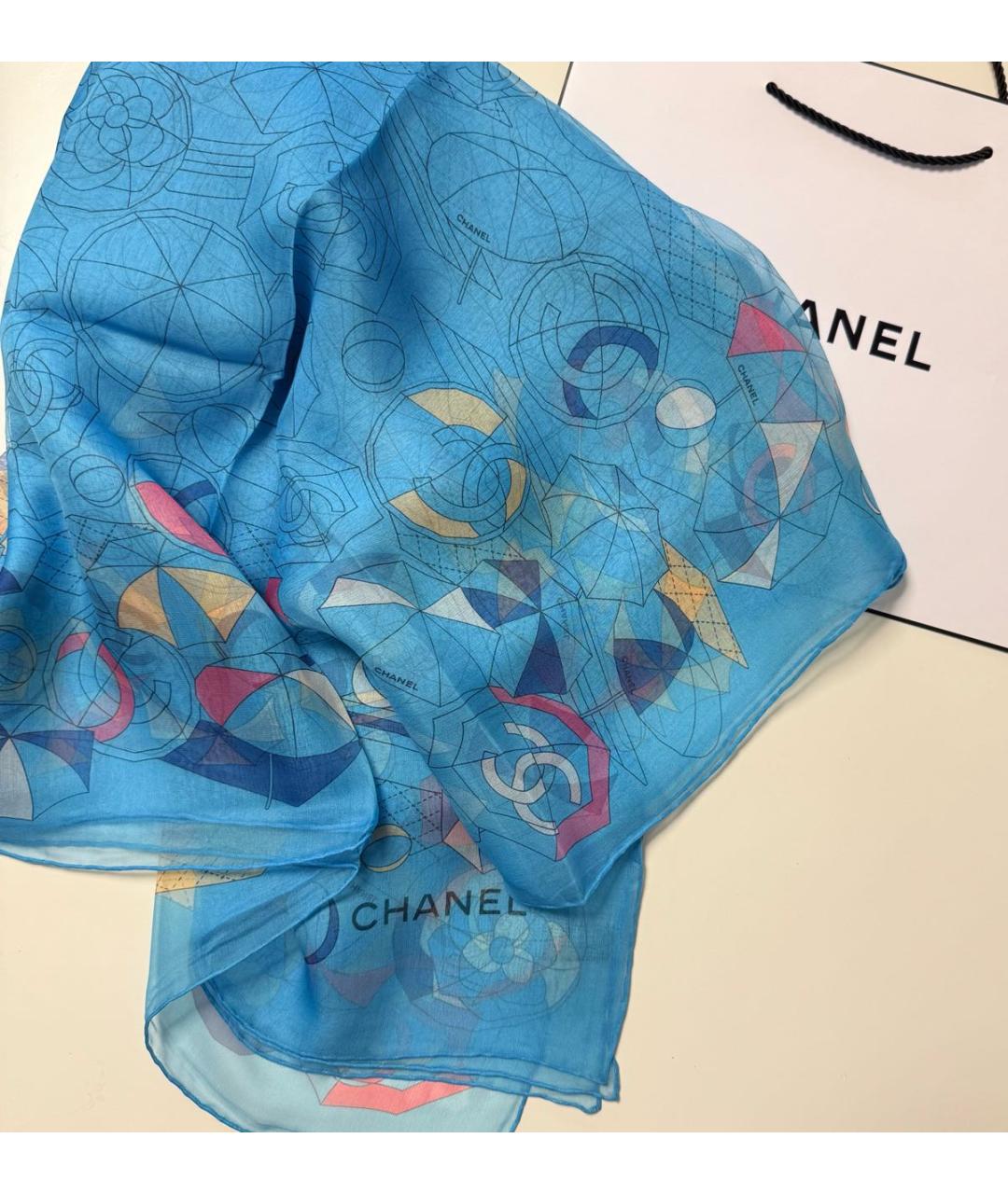 CHANEL Голубой шелковый шарф, фото 4