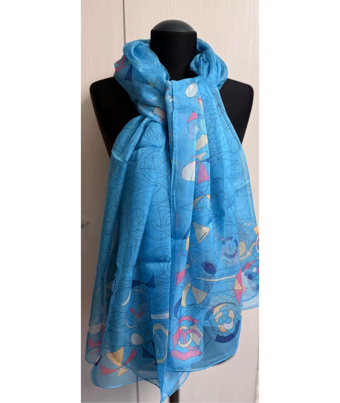 CHANEL Голубой шелковый шарф, фото 9