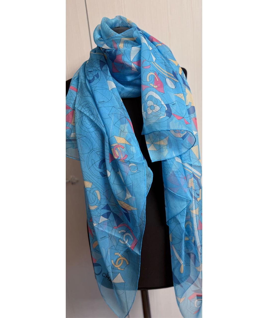CHANEL Голубой шелковый шарф, фото 2