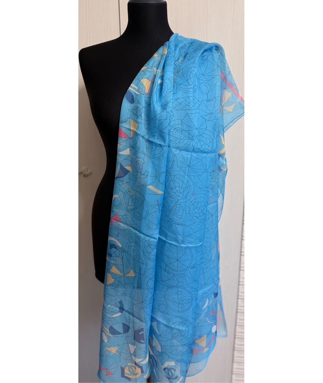 CHANEL Голубой шелковый шарф, фото 5