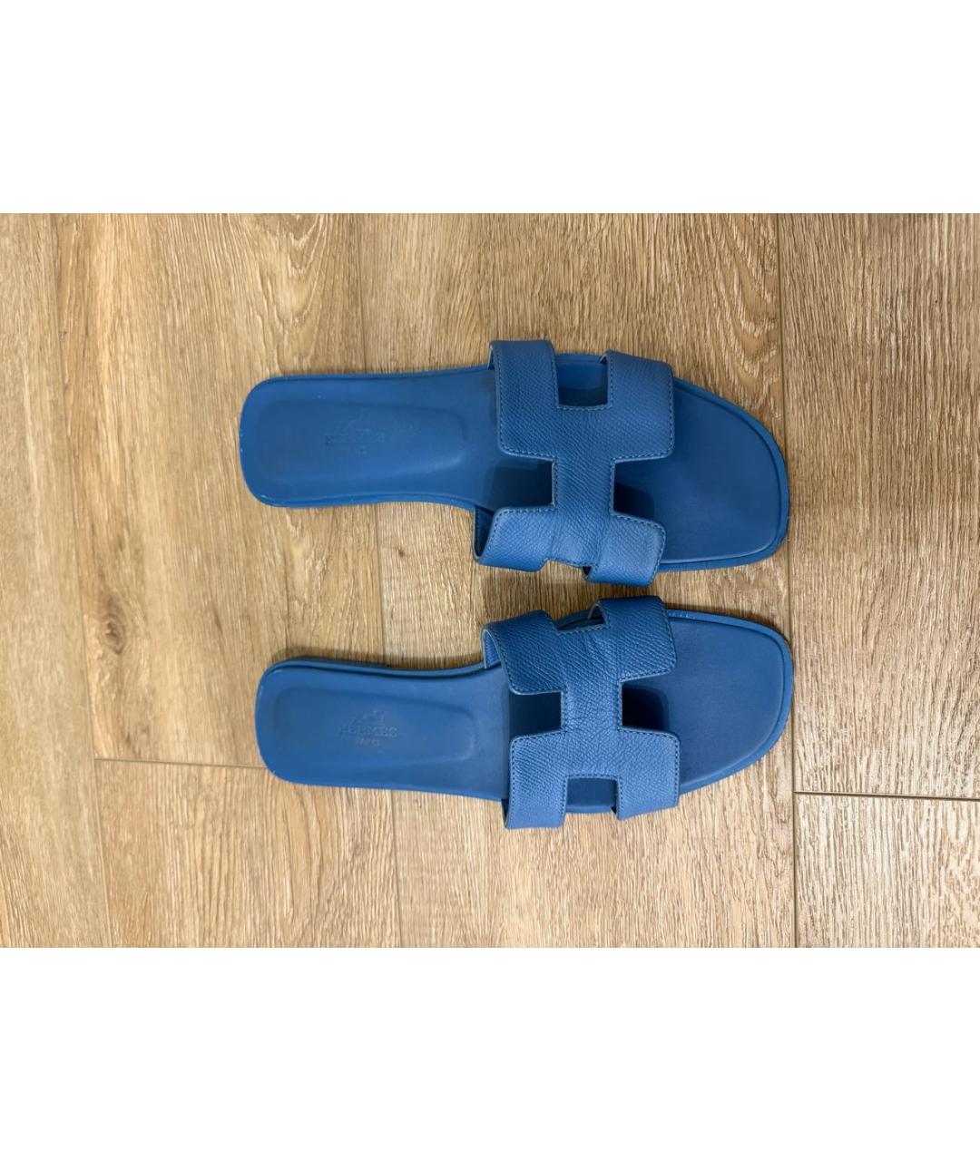 HERMES Синие кожаные шлепанцы, фото 3