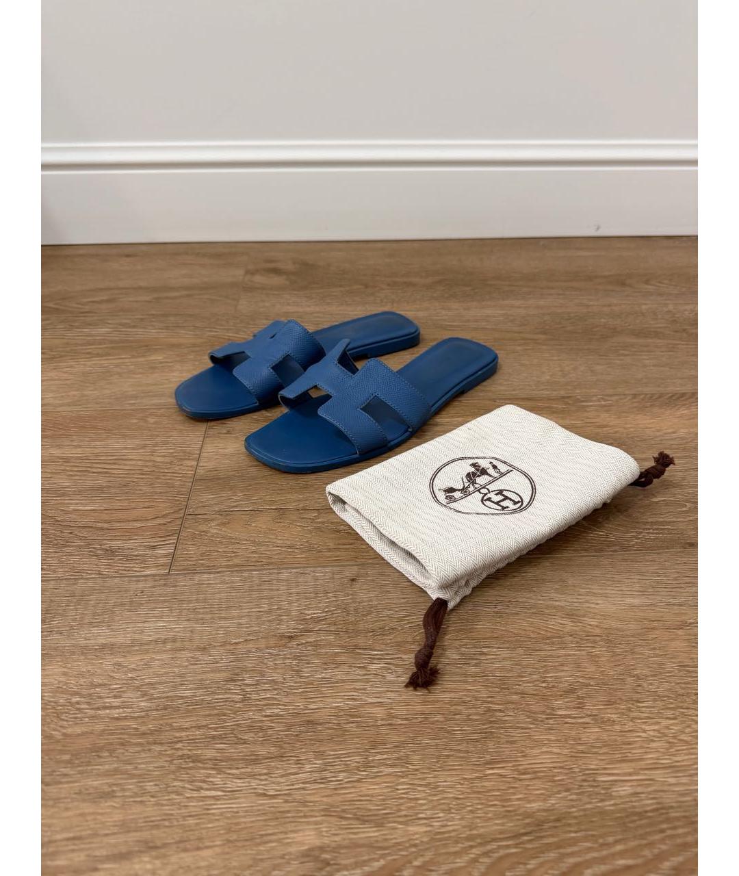 HERMES Синие кожаные шлепанцы, фото 6