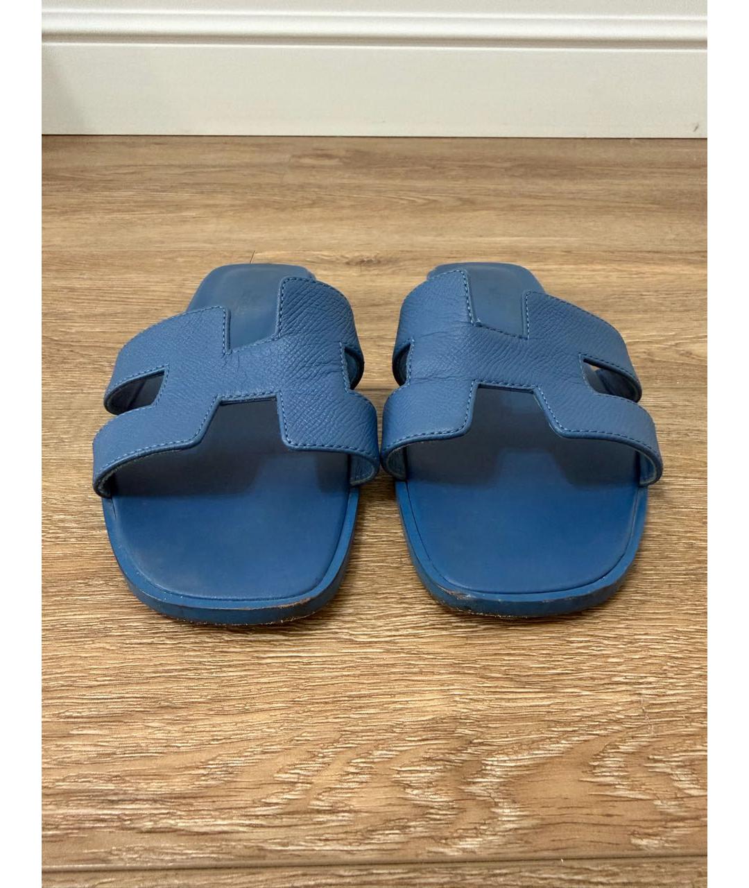 HERMES Синие кожаные шлепанцы, фото 2