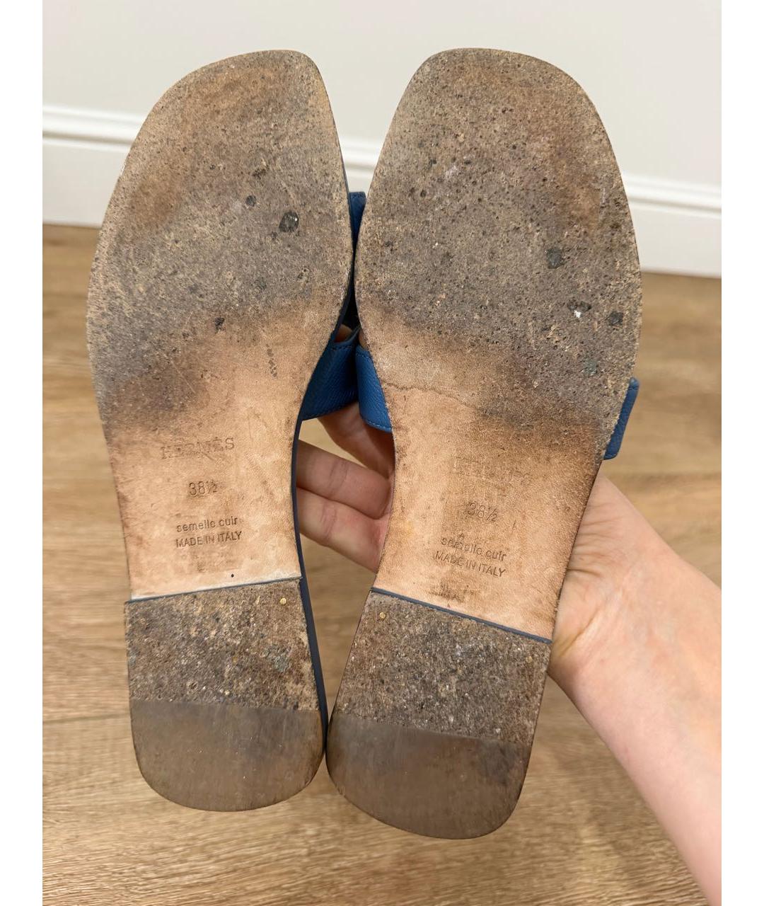 HERMES Синие кожаные шлепанцы, фото 5