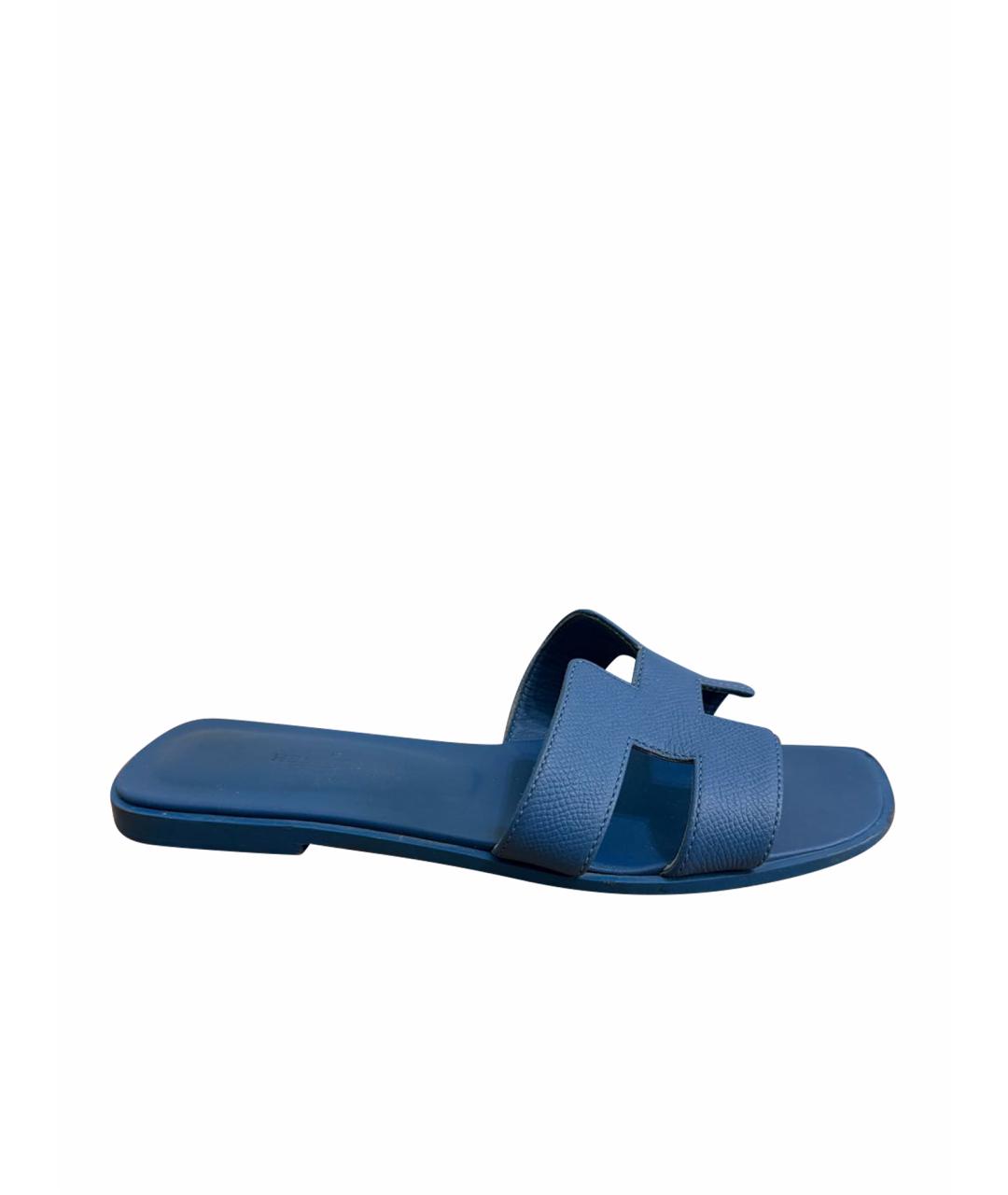 HERMES Синие кожаные шлепанцы, фото 1