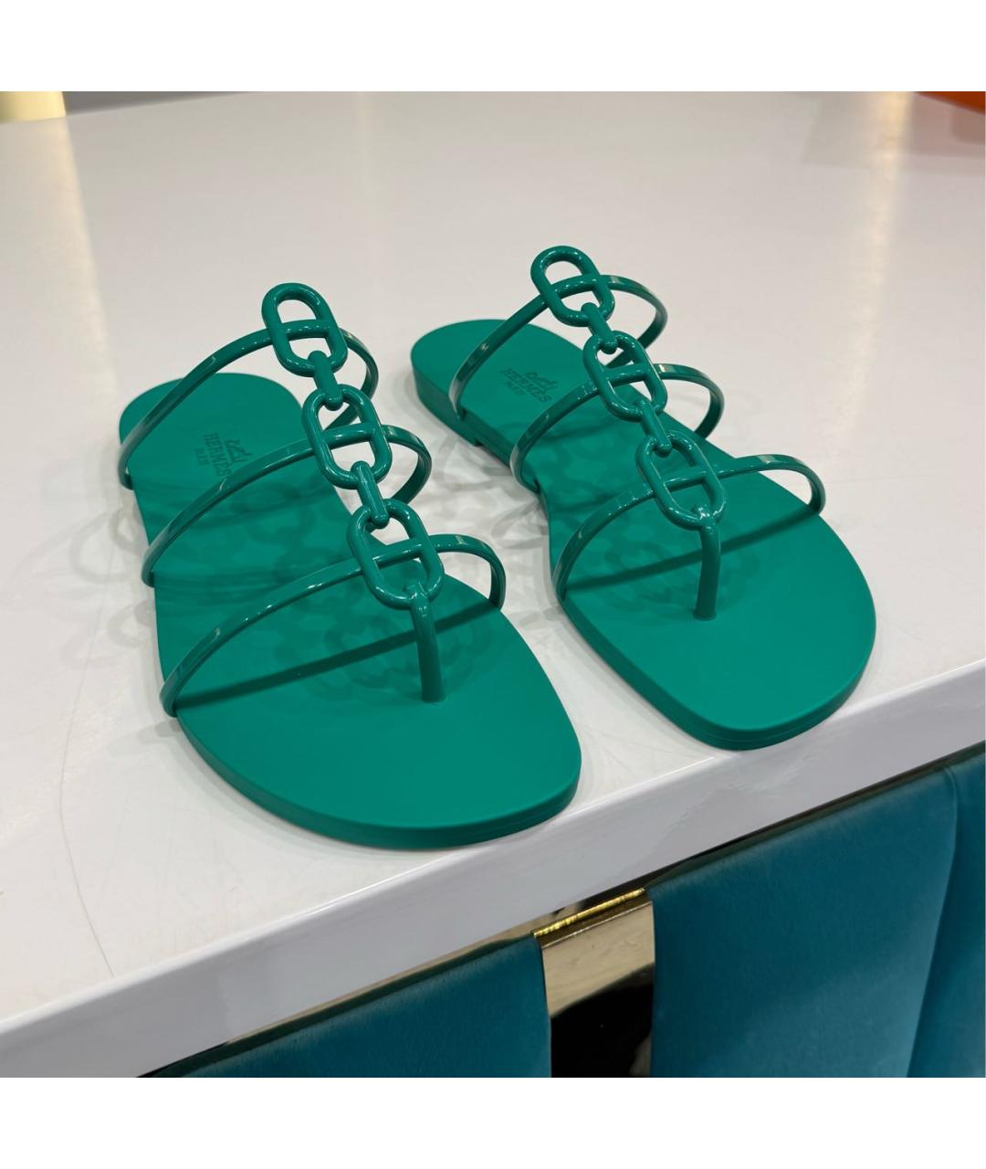 HERMES Зеленые шлепанцы, фото 2