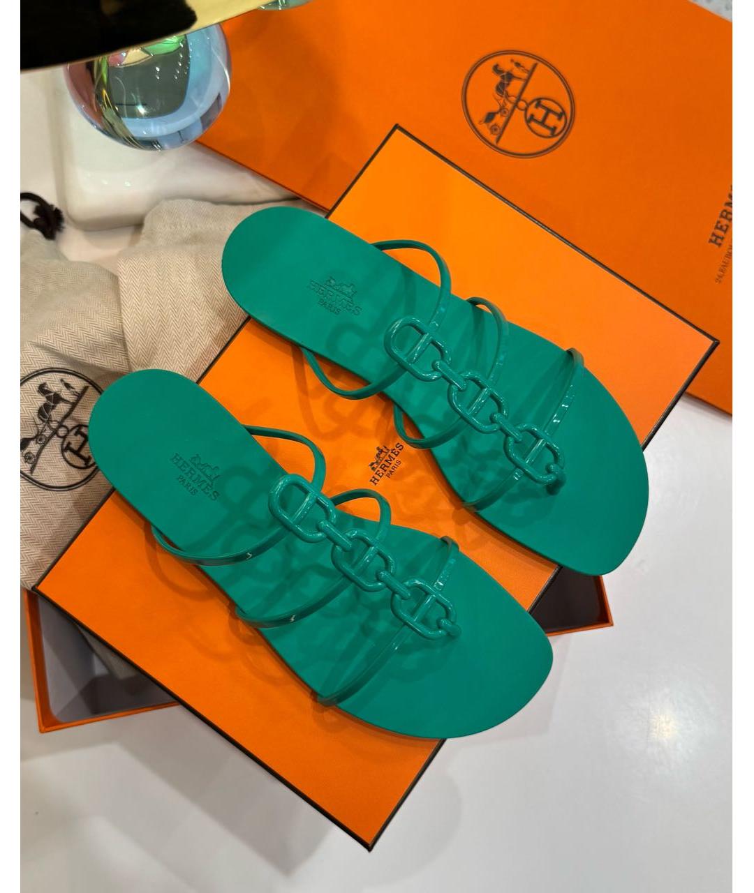 HERMES Зеленые шлепанцы, фото 5