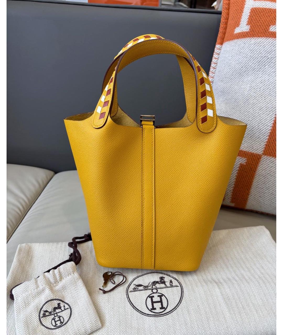 HERMES Желтая кожаная сумка с короткими ручками, фото 4