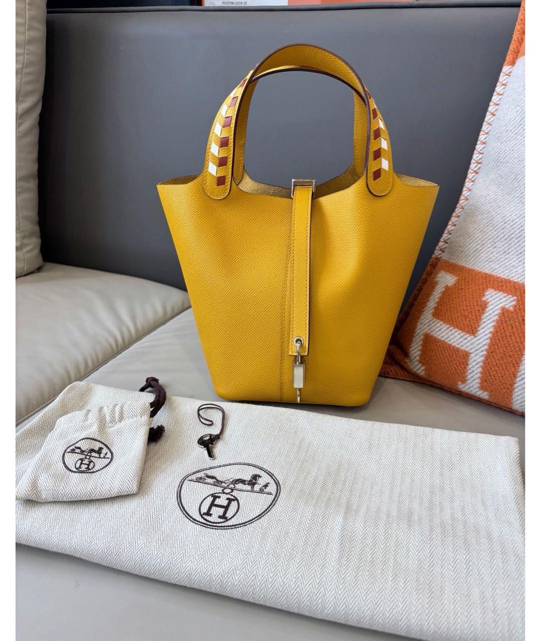 HERMES Желтая кожаная сумка с короткими ручками, фото 9