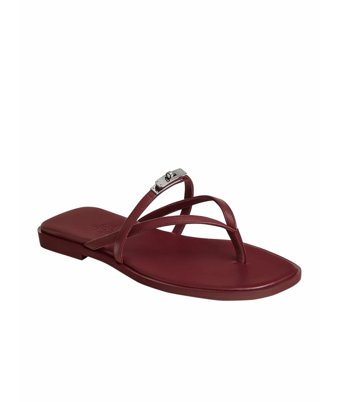 HERMES Бордовые кожаные шлепанцы, фото 1