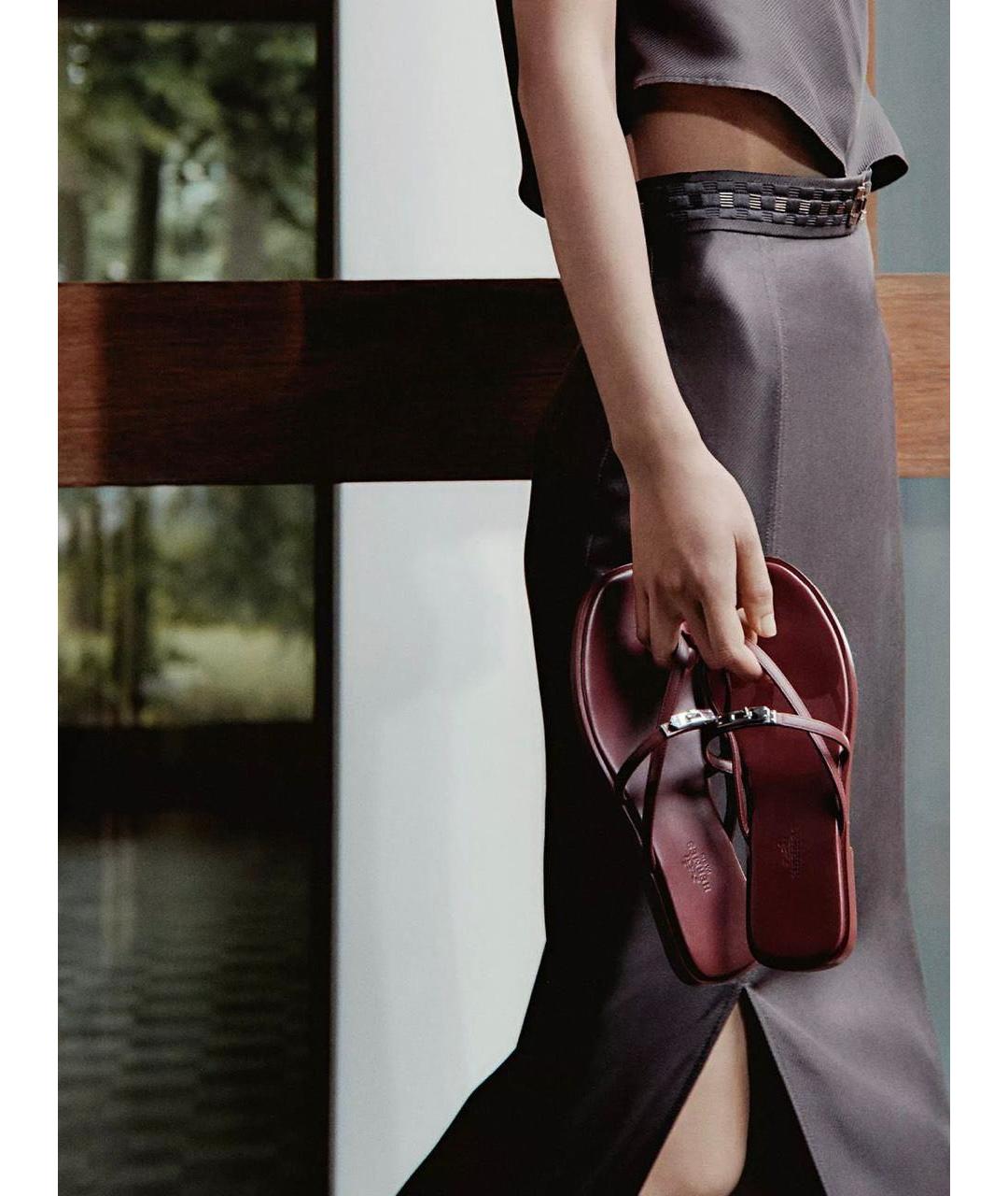 HERMES Бордовые кожаные шлепанцы, фото 5