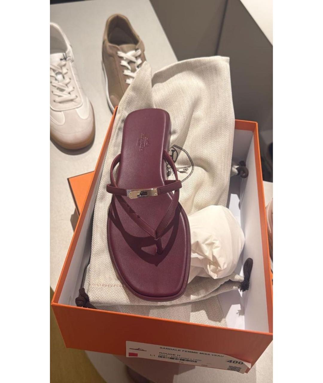 HERMES Бордовые кожаные шлепанцы, фото 4