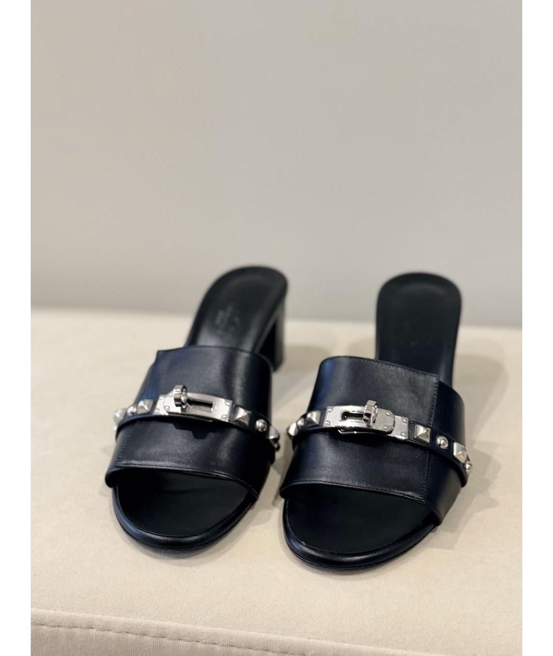 HERMES Антрацитовые кожаные мюли, фото 2