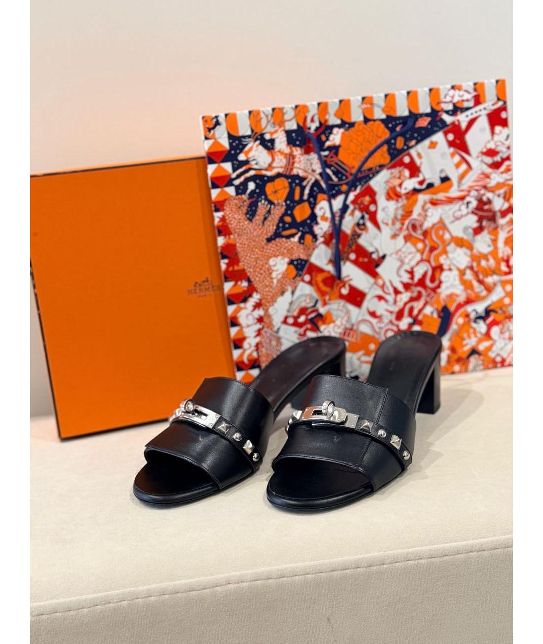 HERMES Антрацитовые кожаные мюли, фото 6