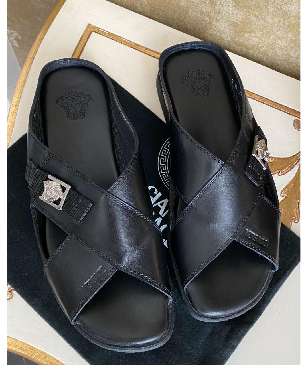 VERSACE Черные кожаные шлепанцы, фото 4