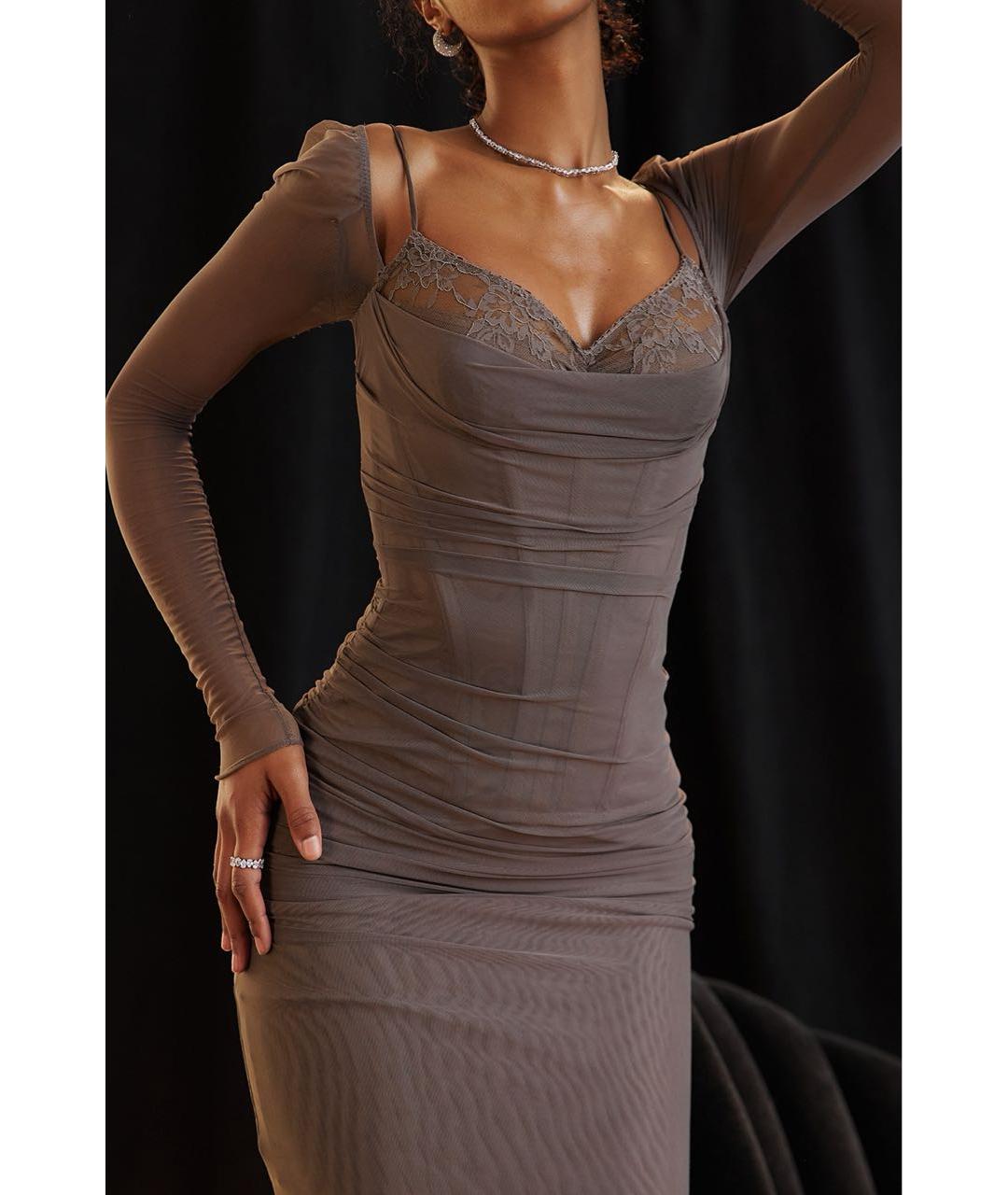 FOR LOVE AND LEMONS Антрацитовое сетчатое вечернее платье, фото 8