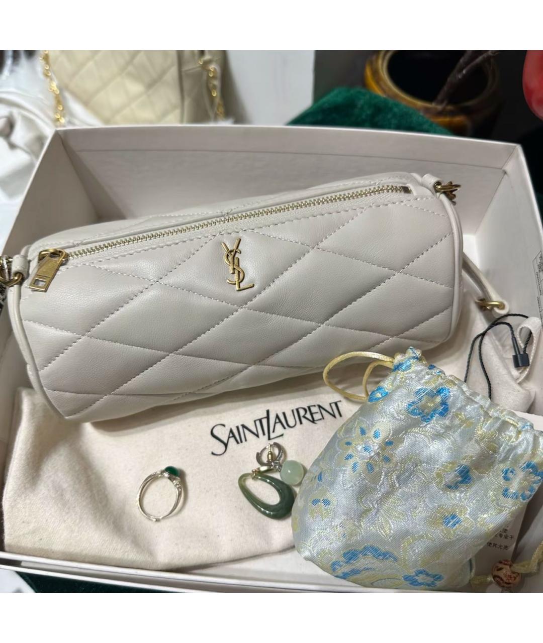 SAINT LAURENT Бежевая кожаная сумка с короткими ручками, фото 3