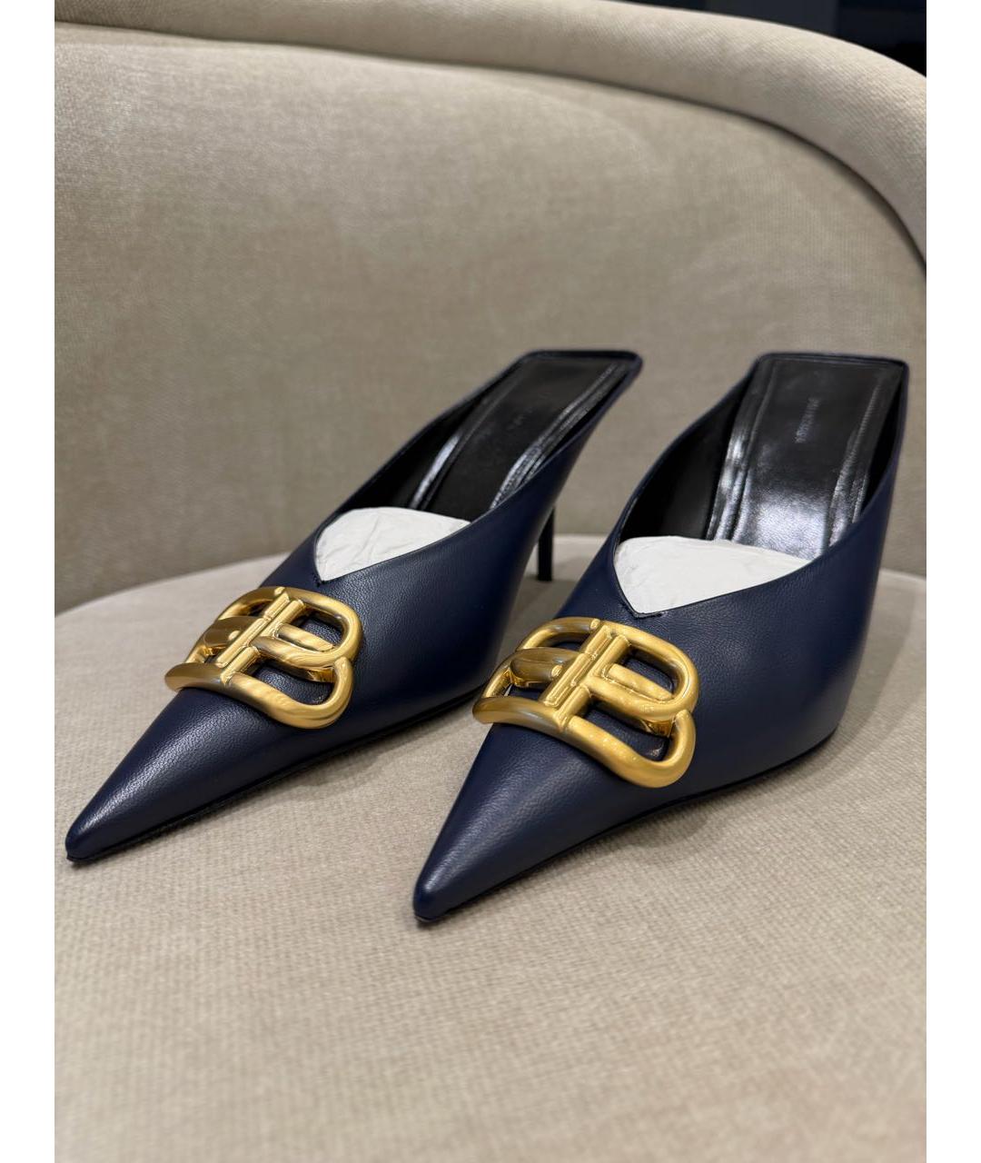 BALENCIAGA Темно-синие кожаные мюли, фото 2
