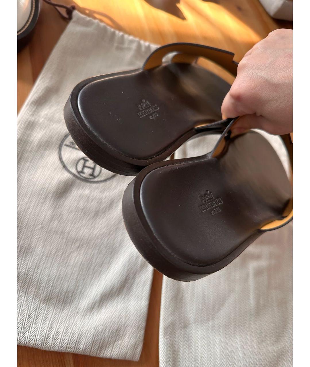 HERMES Коричневые кожаные шлепанцы, фото 6