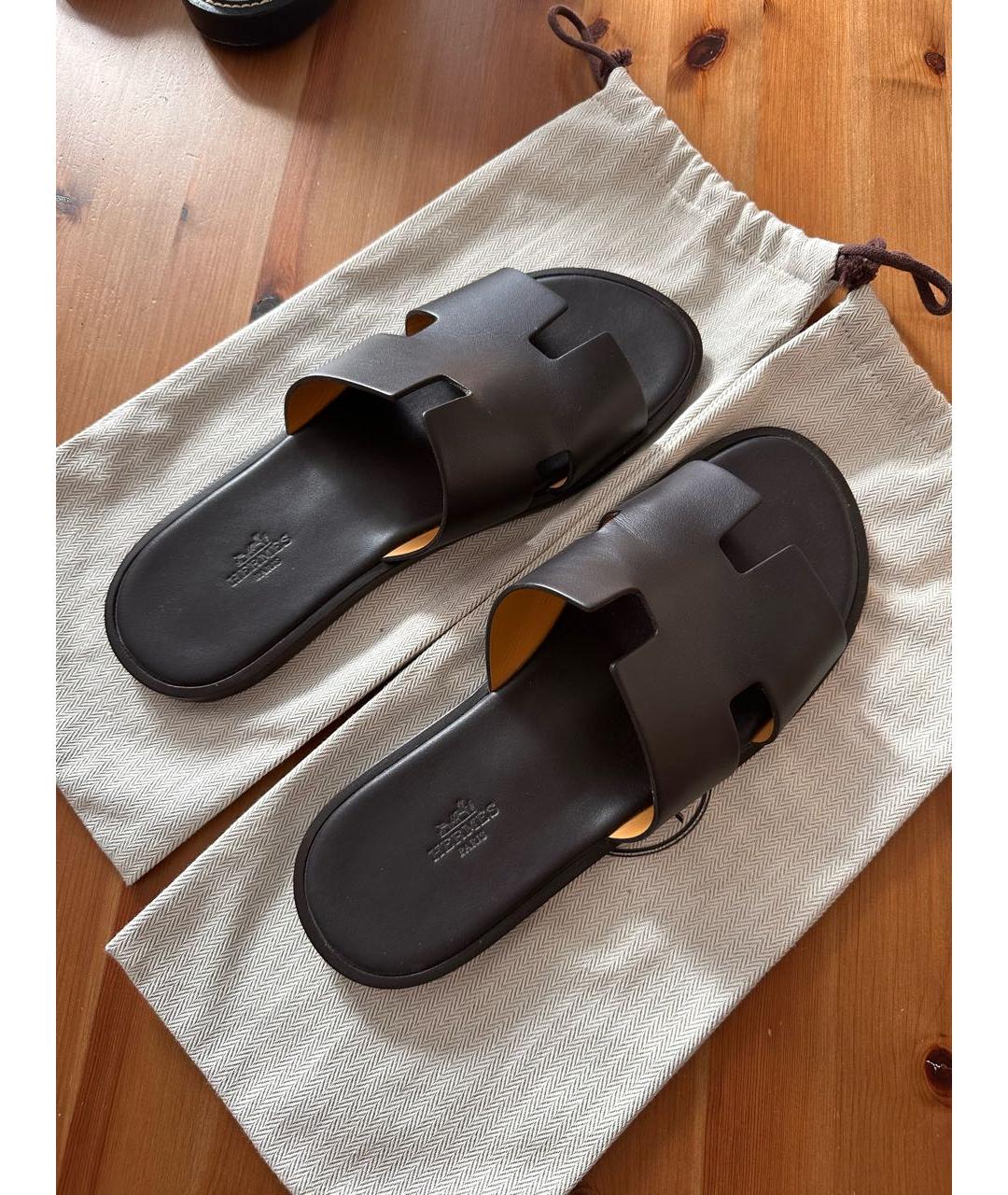HERMES Коричневые кожаные шлепанцы, фото 9