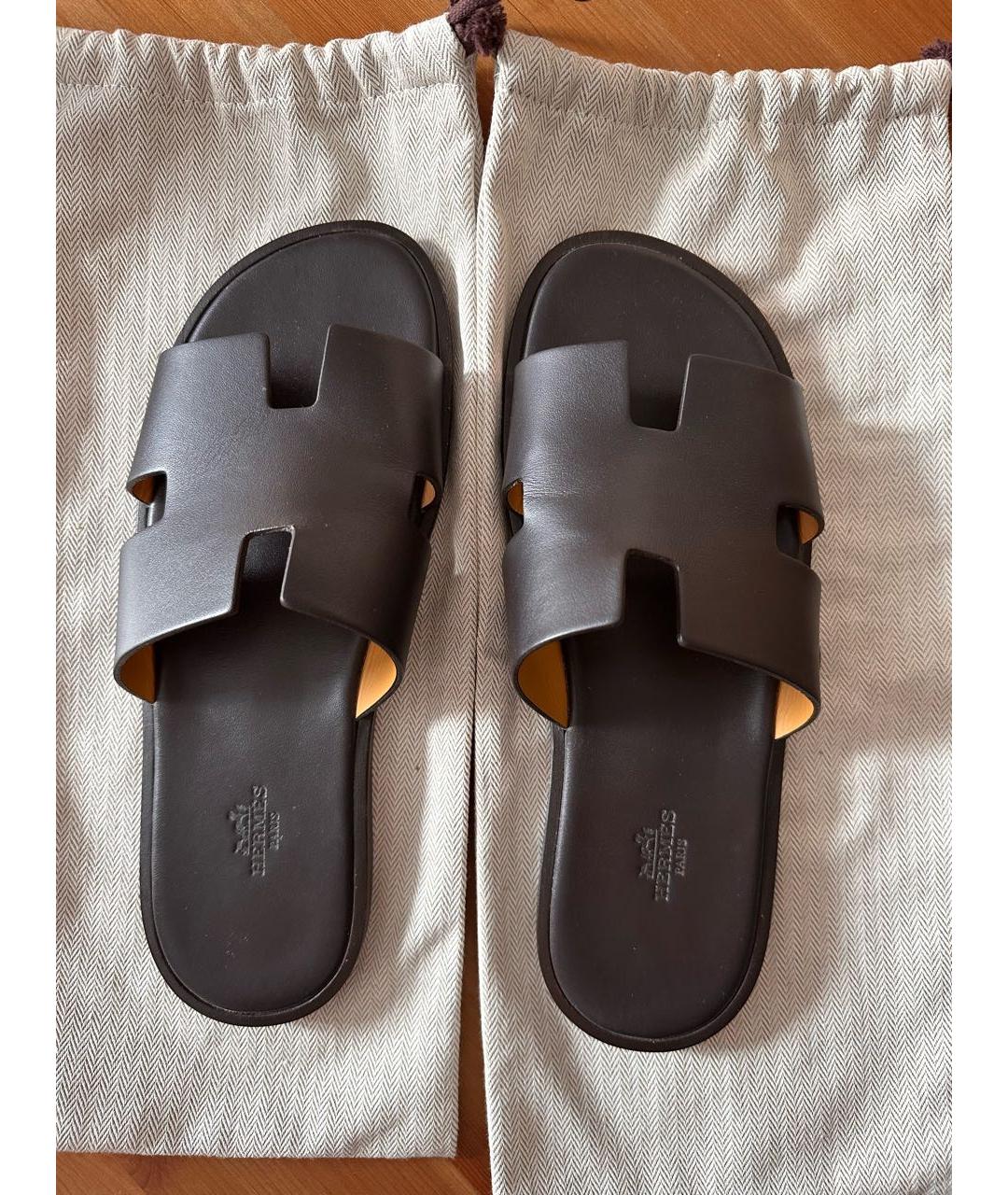 HERMES Коричневые кожаные шлепанцы, фото 2