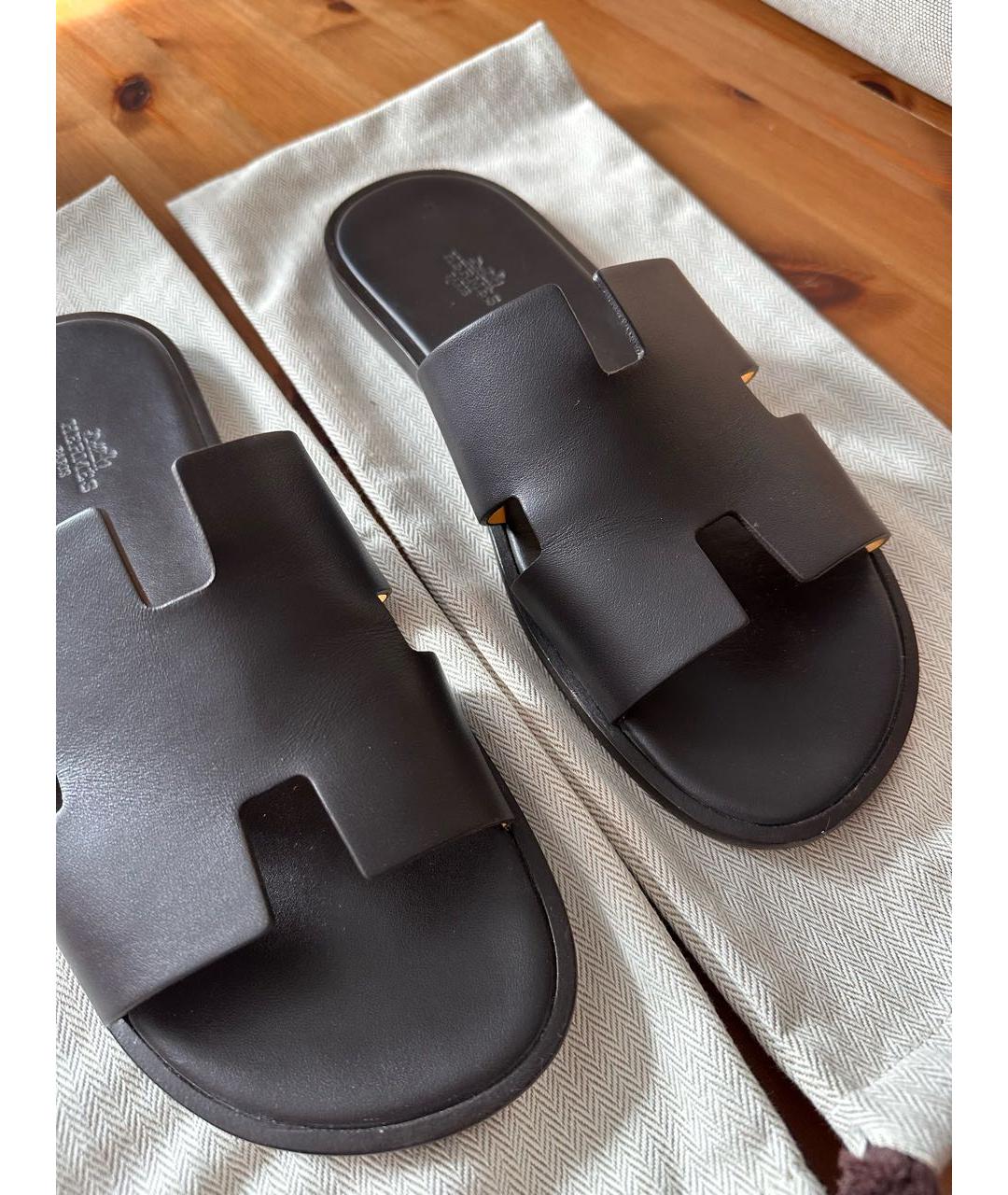 HERMES Коричневые кожаные шлепанцы, фото 3