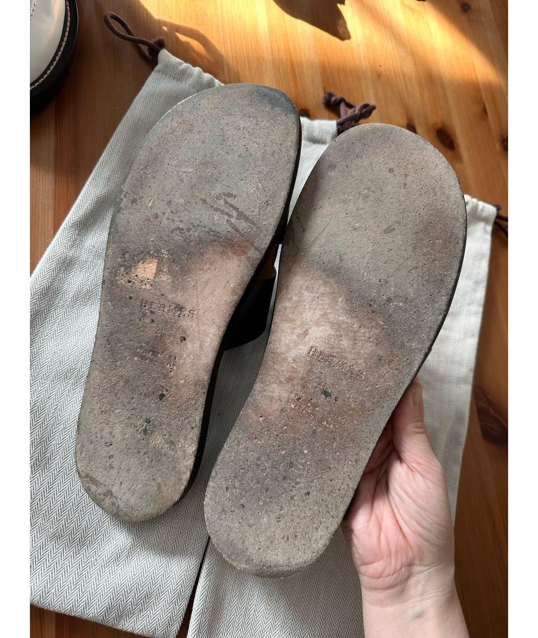 HERMES Коричневые кожаные шлепанцы, фото 5