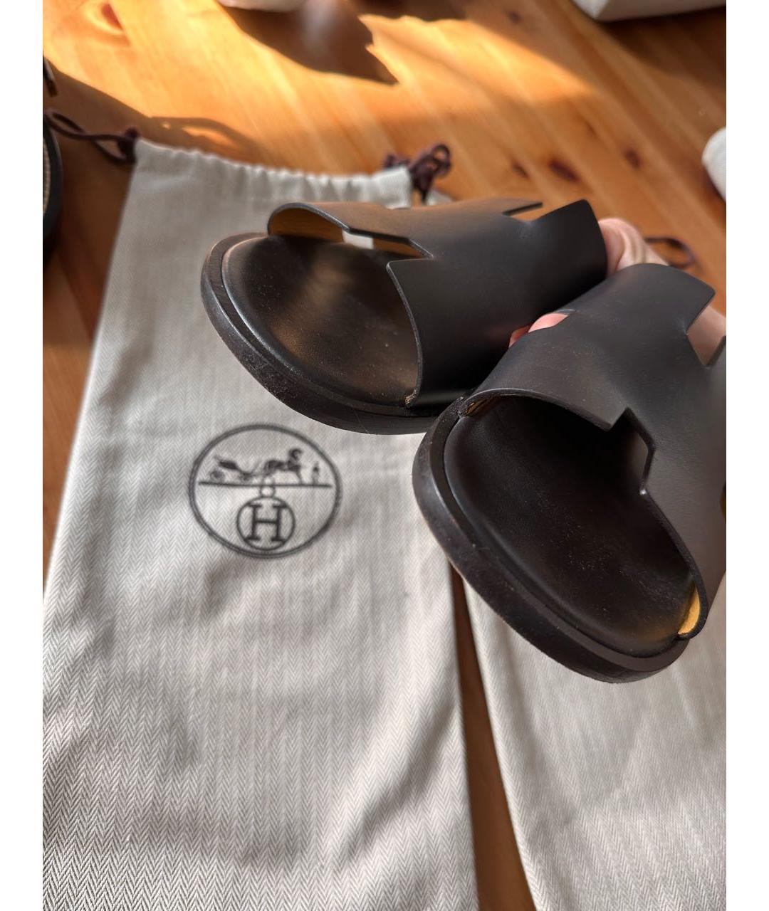 HERMES Коричневые кожаные шлепанцы, фото 7