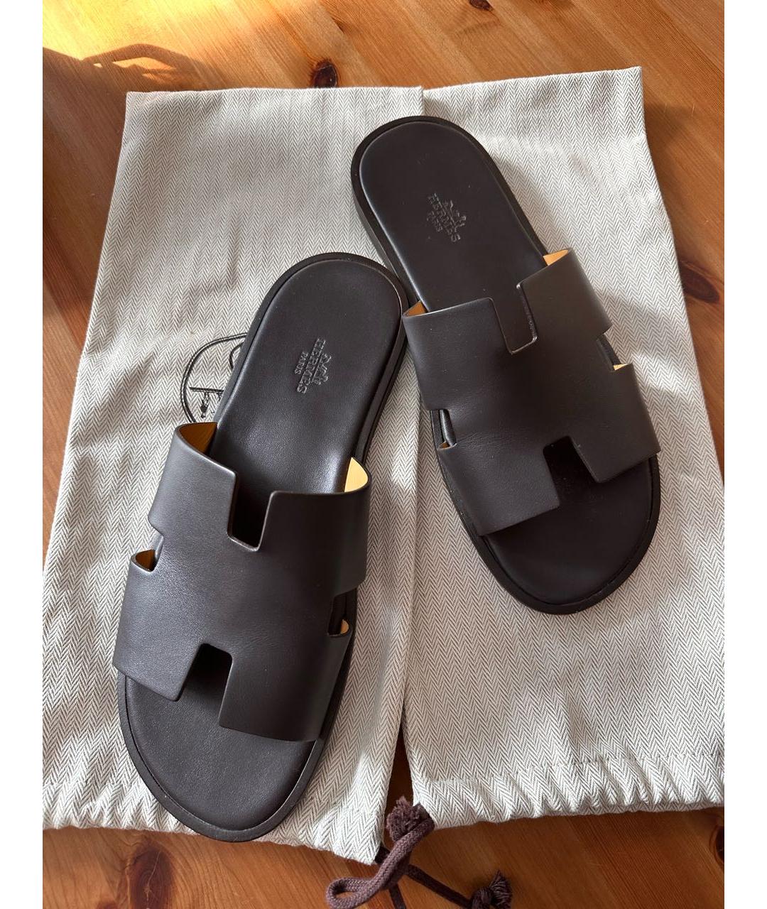 HERMES Коричневые кожаные шлепанцы, фото 8