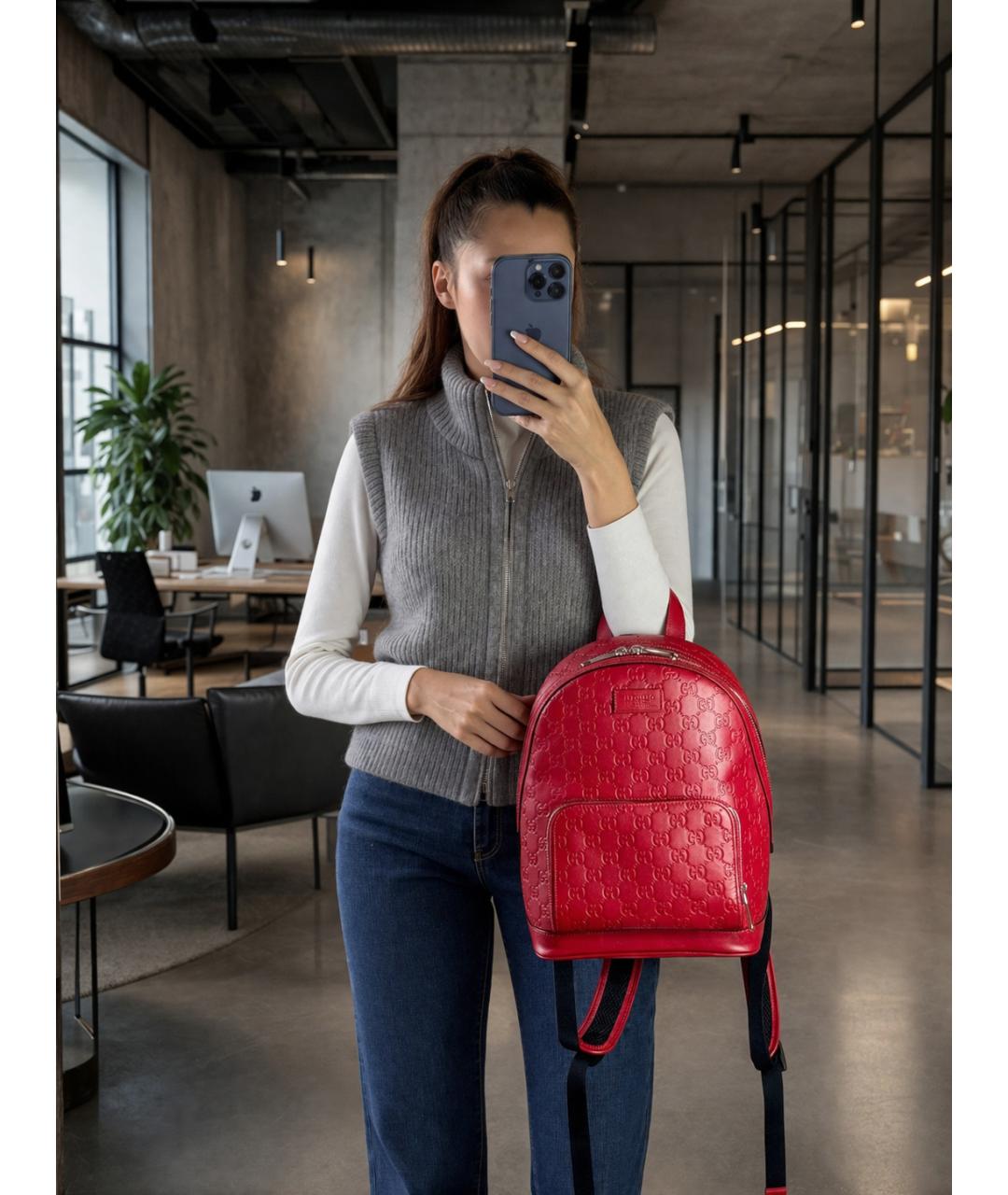 GUCCI Красный кожаный рюкзак, фото 7