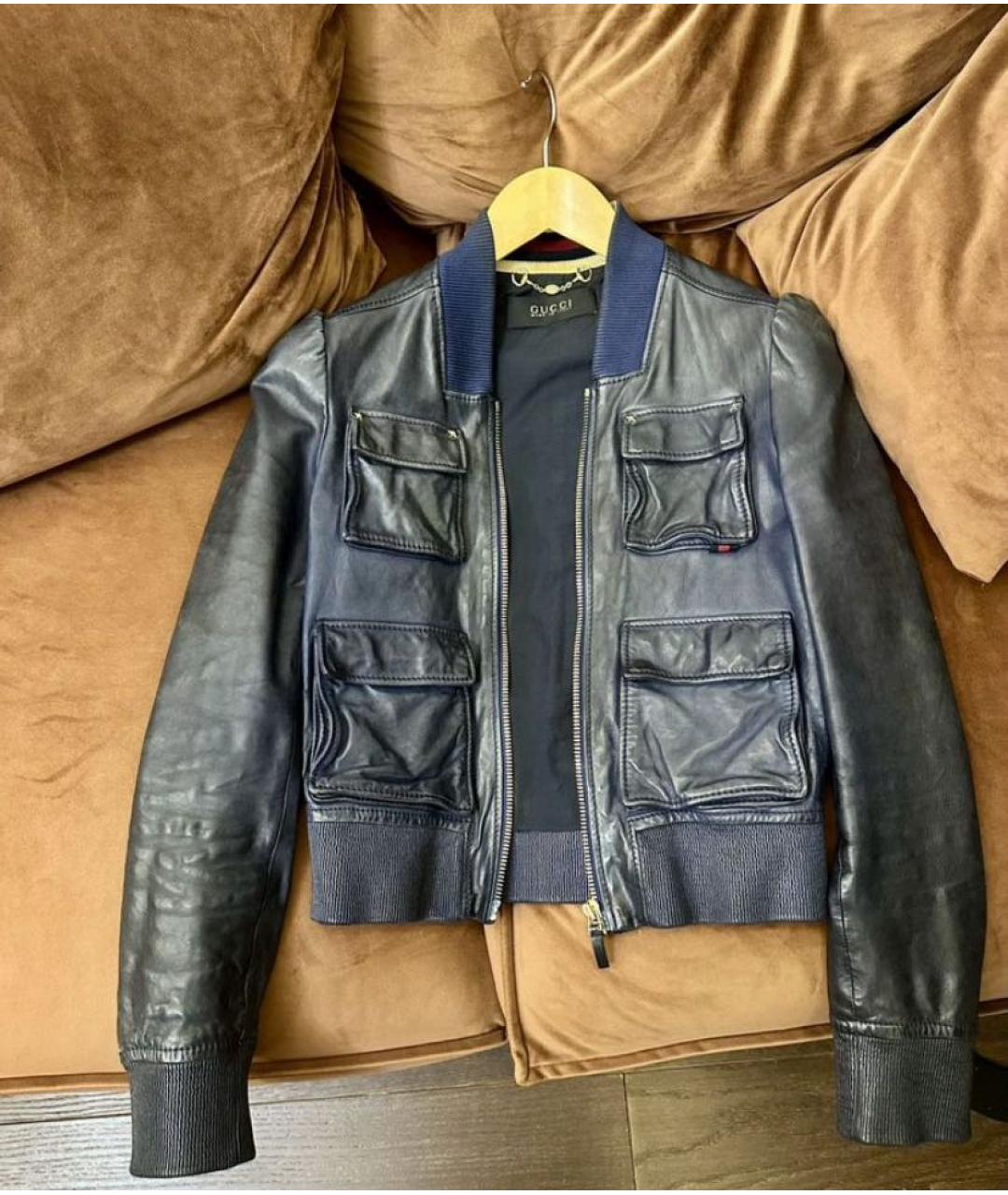 GUCCI Темно-синяя кожаная куртка, фото 9