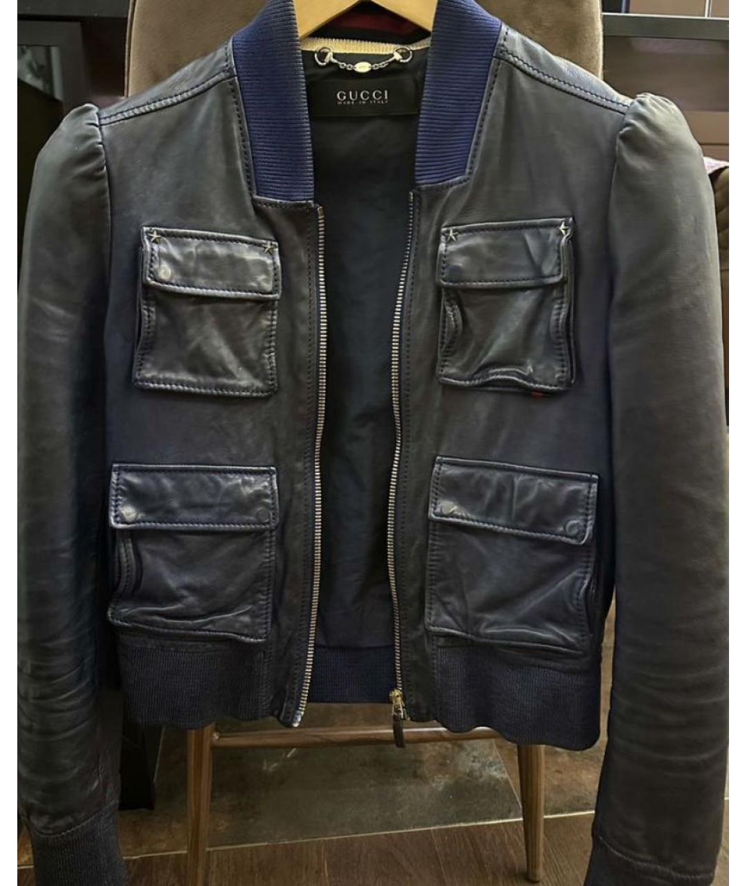 GUCCI Темно-синяя кожаная куртка, фото 7