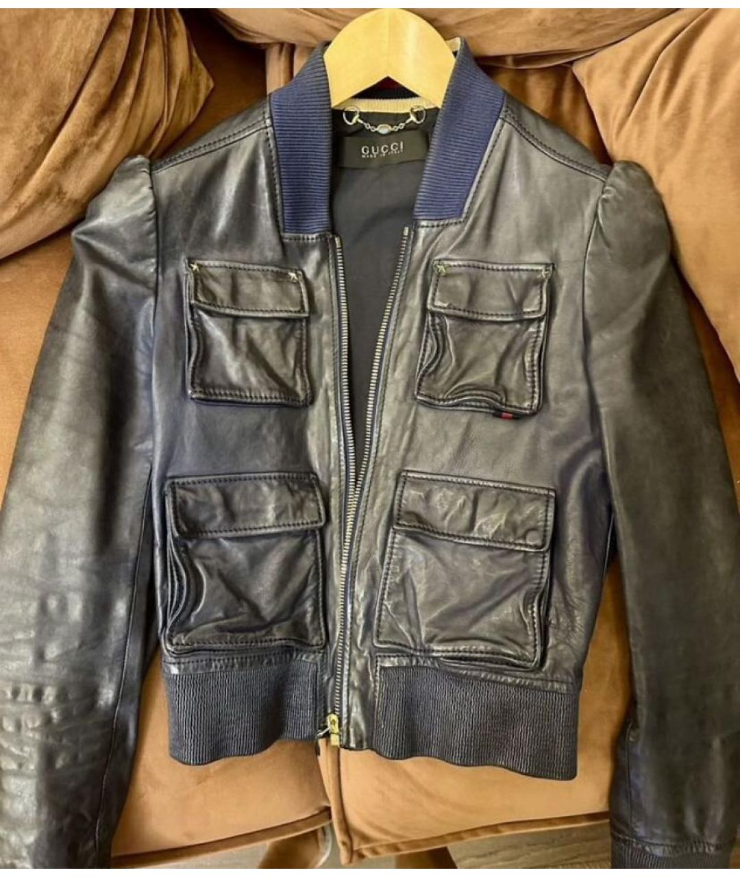 GUCCI Темно-синяя кожаная куртка, фото 2