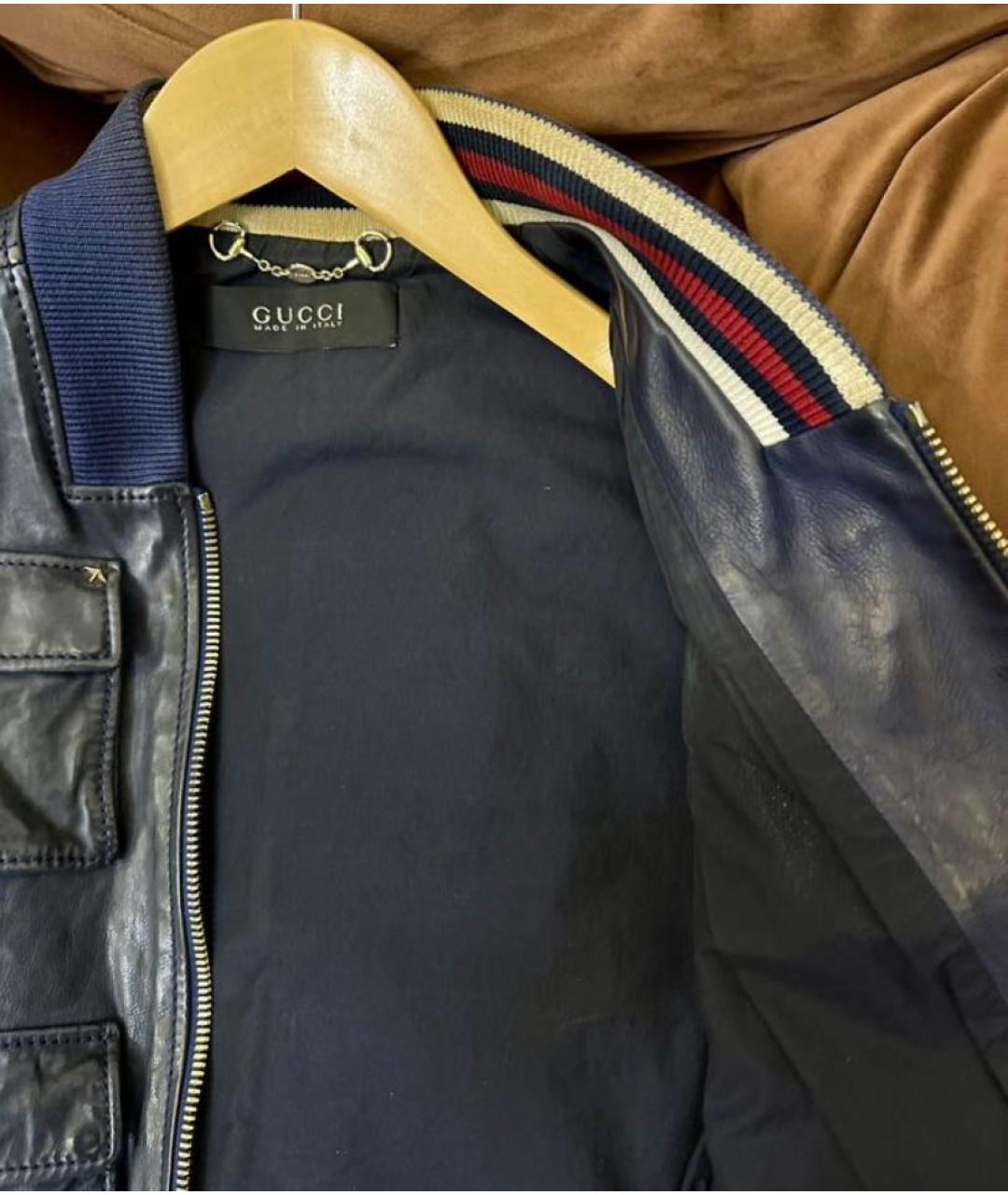 GUCCI Темно-синяя кожаная куртка, фото 4