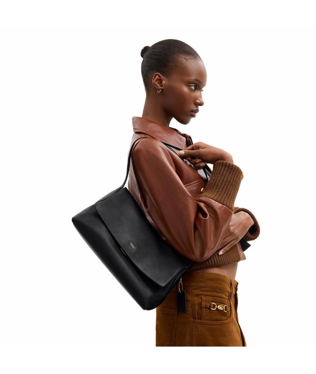 COACH Черная кожаная сумка с короткими ручками, фото 2