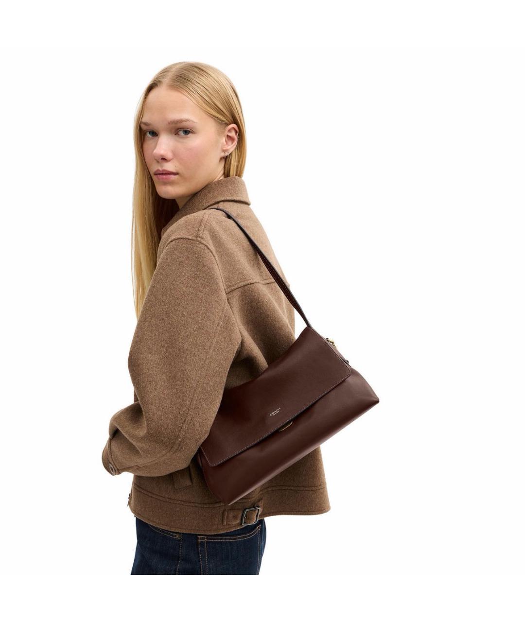 COACH Коричневая кожаная сумка с короткими ручками, фото 2