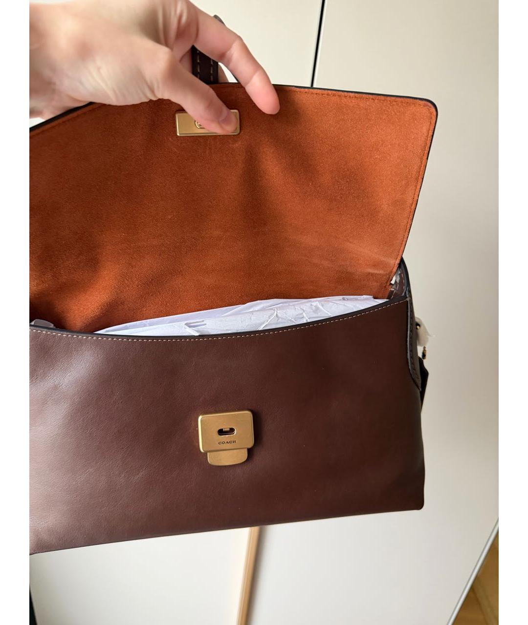 COACH Коричневая кожаная сумка с короткими ручками, фото 7