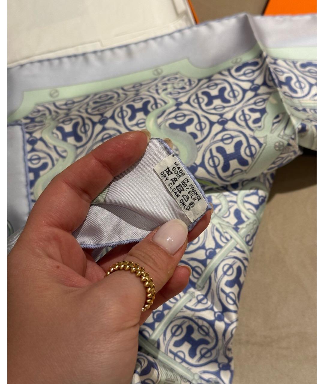 HERMES Голубой шелковый шарф, фото 5