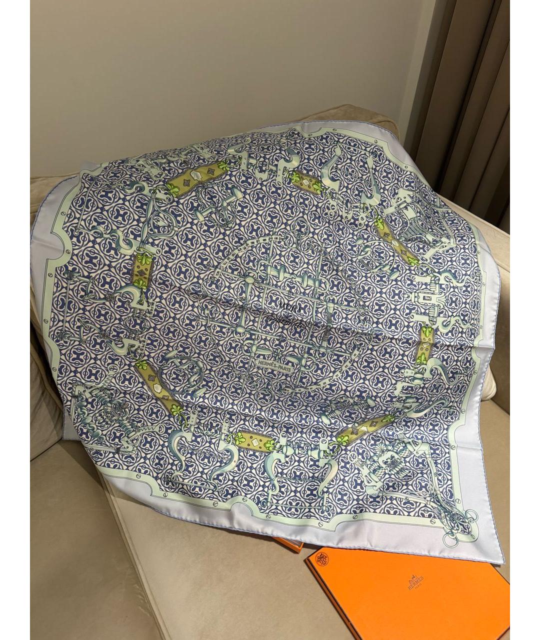 HERMES Голубой шелковый шарф, фото 2